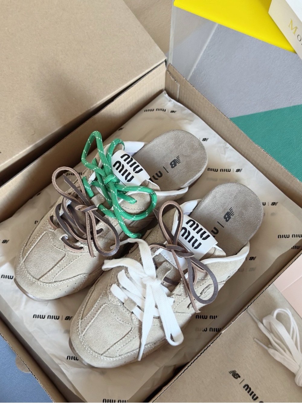 Miu Miu Beige Suede Kids Sneakers with White, Brown and Green Laces